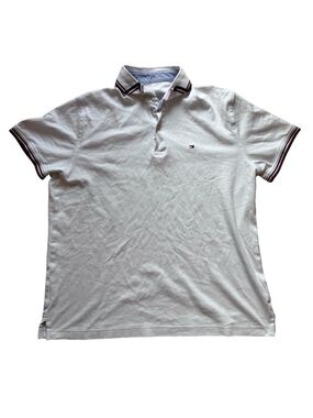 Tommy Hilfiger White Striped Button Down Casual Polo Short Sleeve T-Shirt Logo